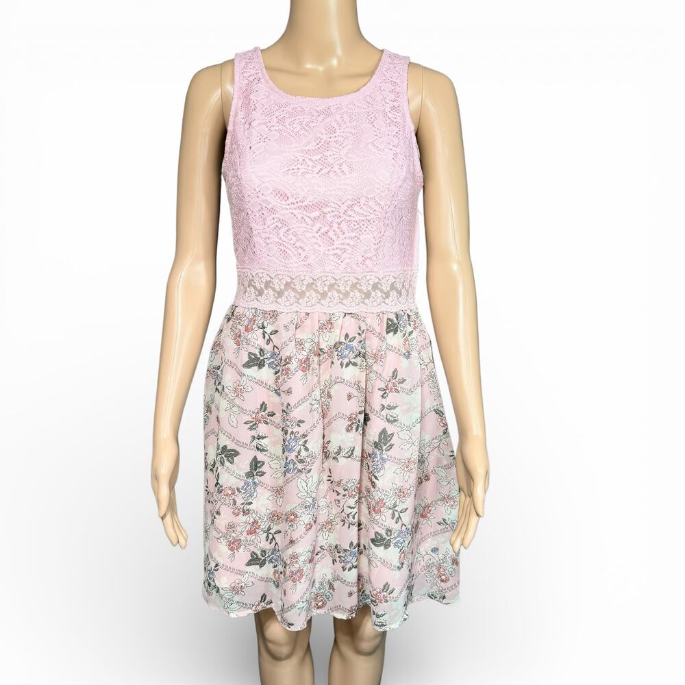 Bailey Blue Womens Dress Floral Print Sheer Lace Bodice Sleeveless Pink Large